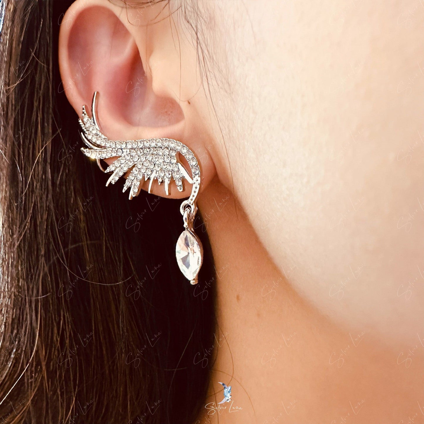 Crystal rhinestone angel wing stud earrings ear cuffs