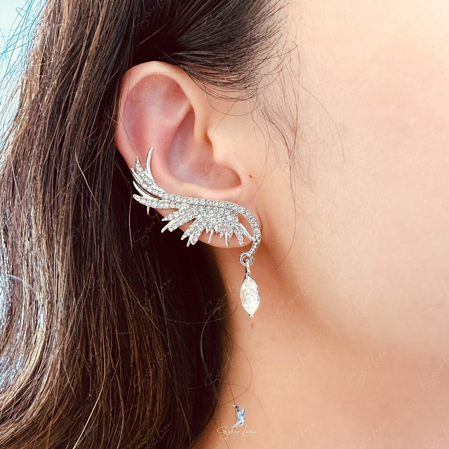 Crystal rhinestone angel wing stud earrings ear cuffs