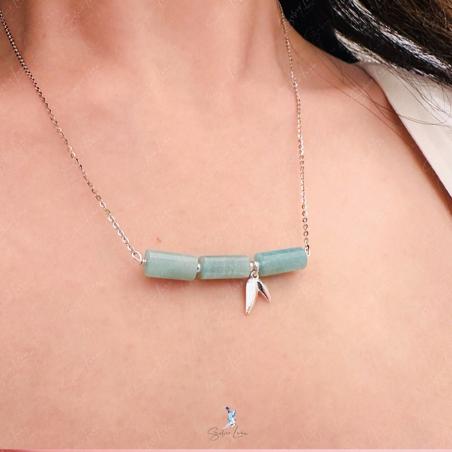 bamboo shoot branch sterling silver Amazonite necklace