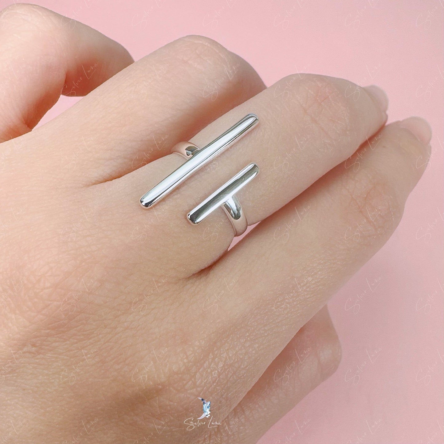 Geometric abstract stick open band ring