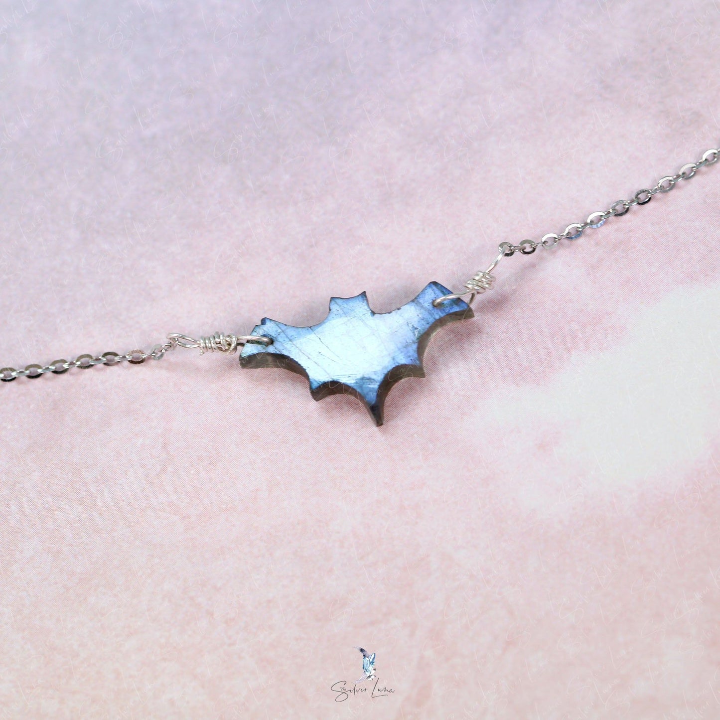 Labradorite bat sterling silver pendant necklace