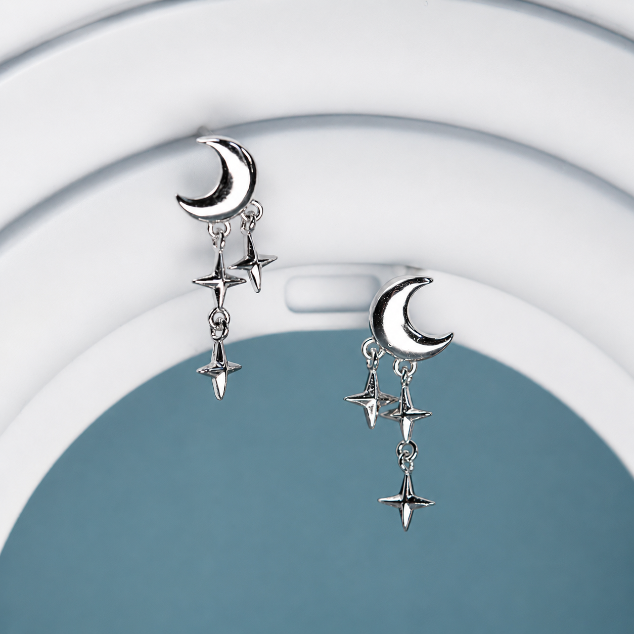 Moon with stars dangle sterling silver stud earrings