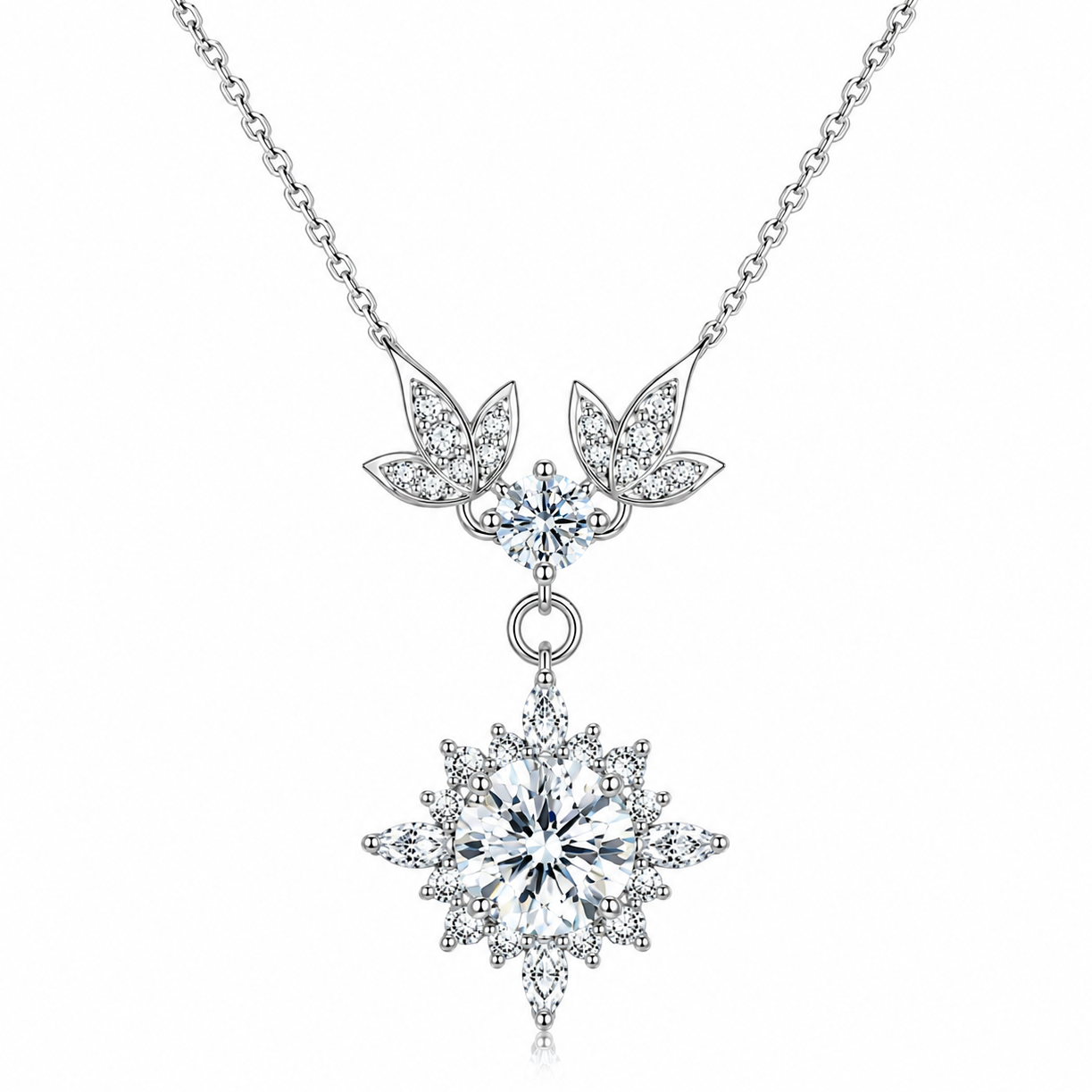 Moisanite necklace with leaf and star-shaped pendants on a white background