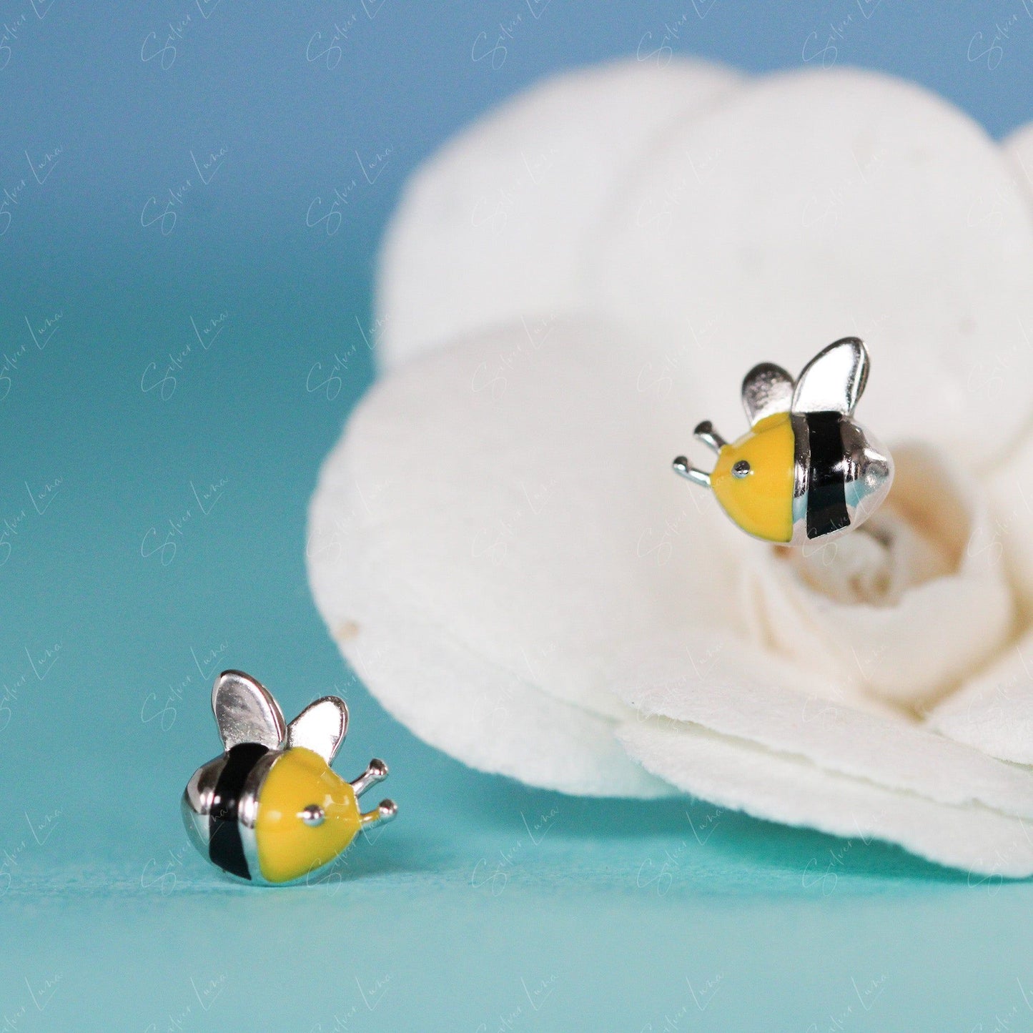 Enamel silver honey bees stud earrings