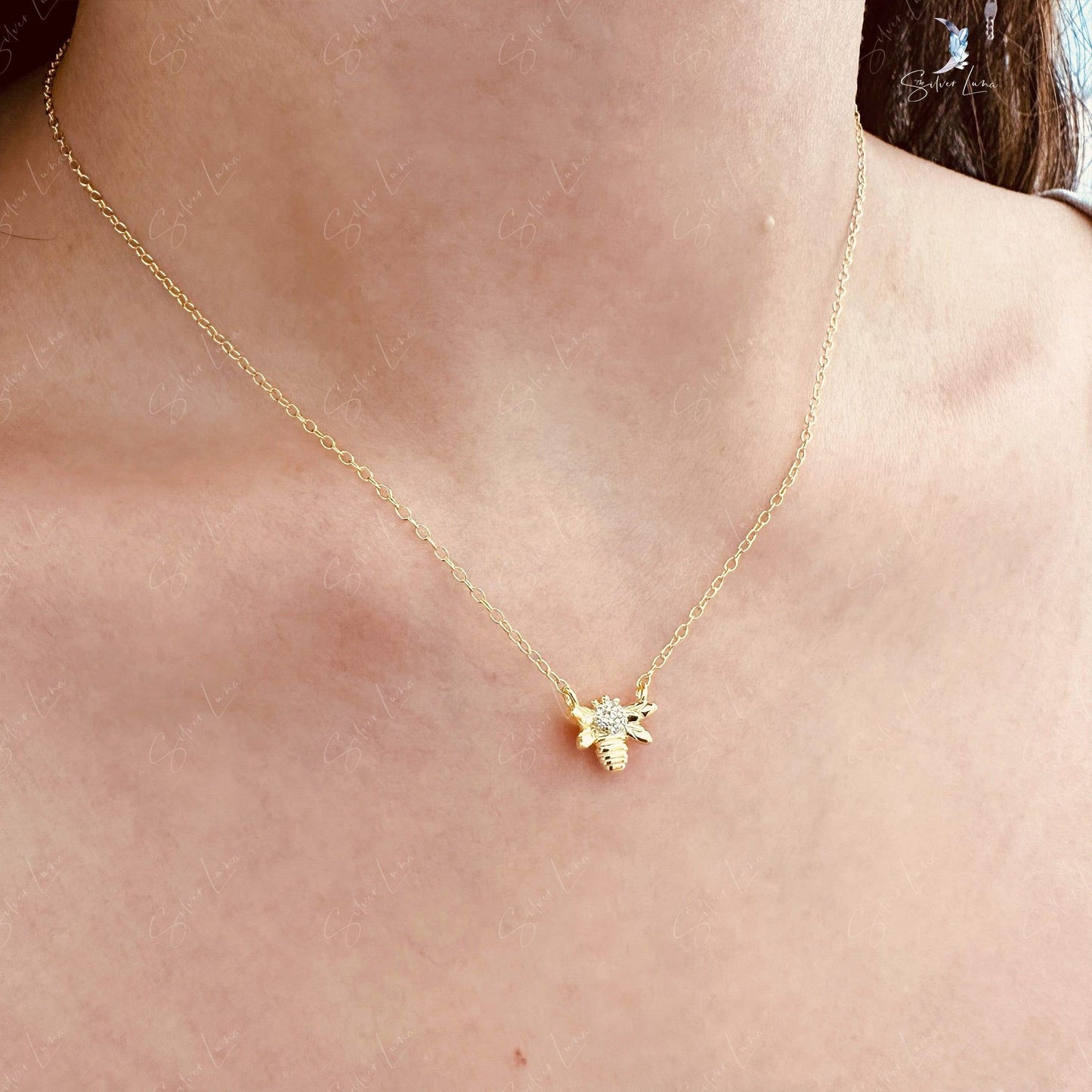 Tiny honey bee sterling silver necklace