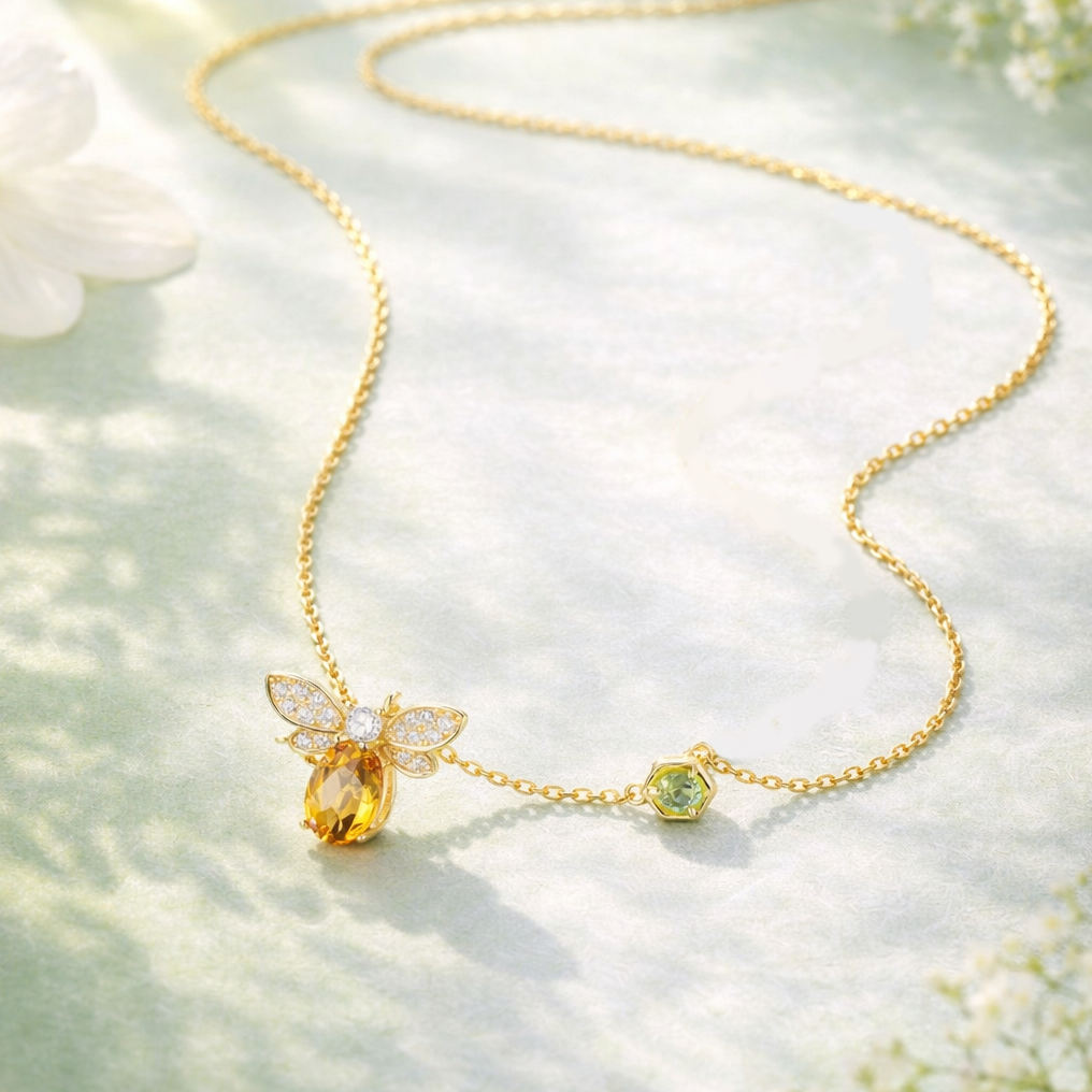 Golden Citrine Honey Bee Sterling Silver Pendant Necklace