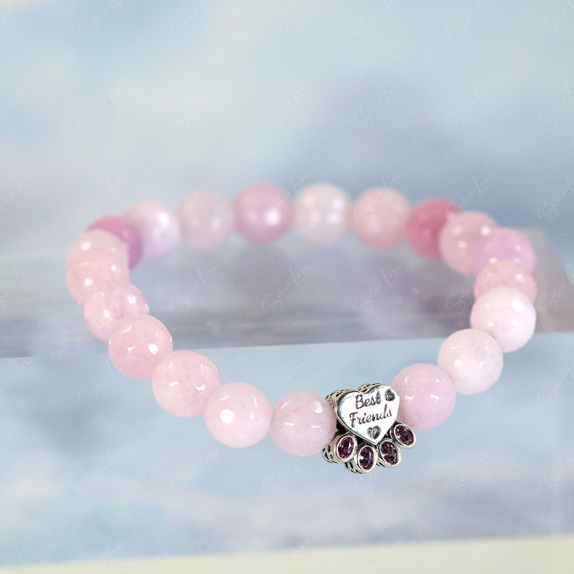 paw charm pink Kunzite jade beaded bracelet