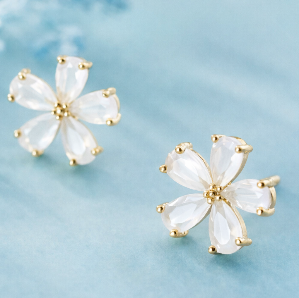 Gold opal flower sterling silver stud earrings