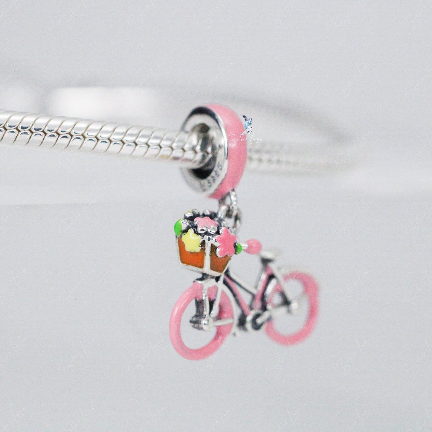 Pink bicycle with flower pendant sterling silver charm