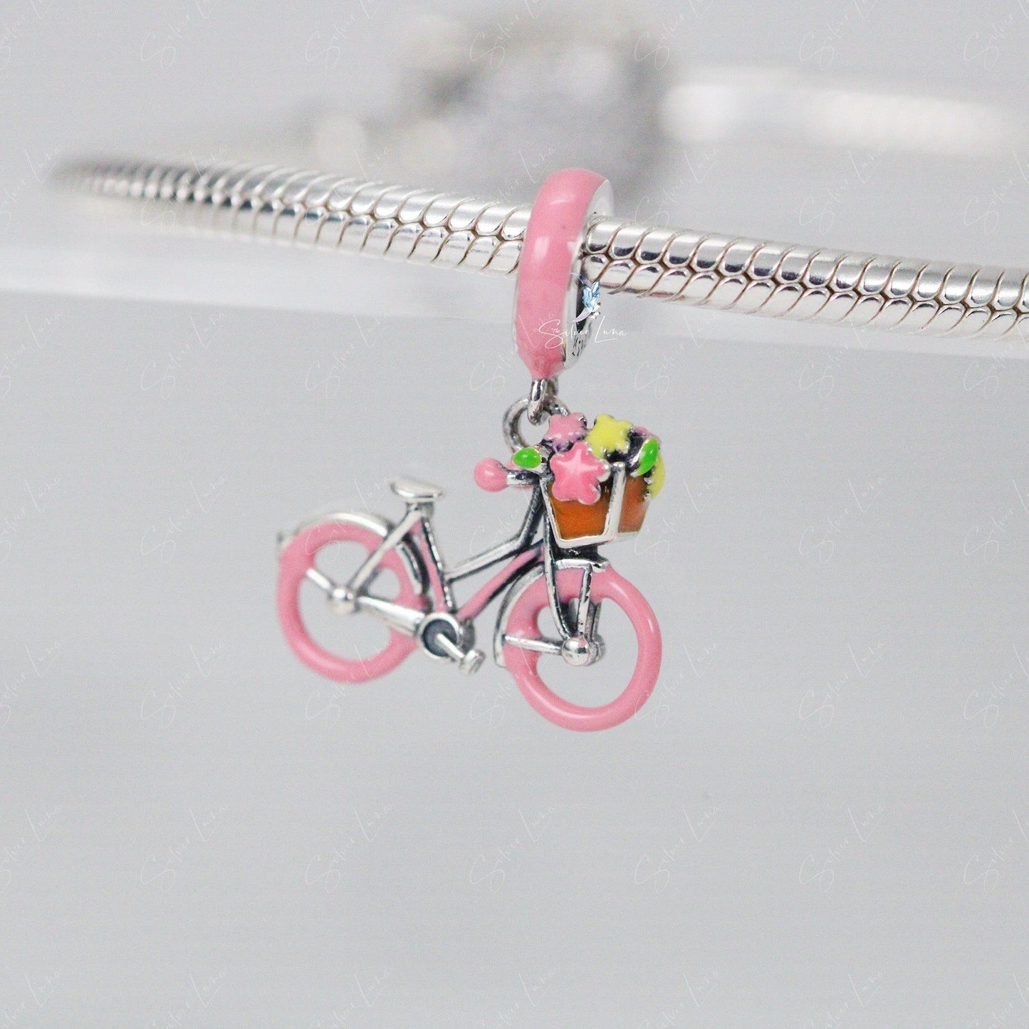 Pink bicycle with flower pendant sterling silver charm