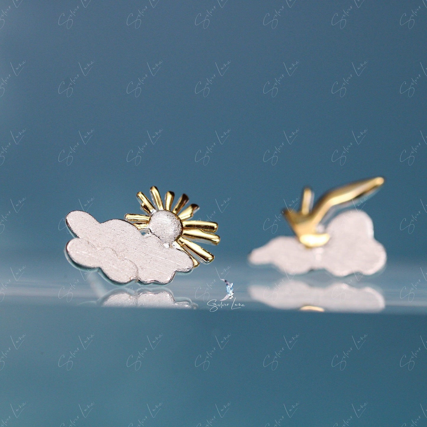 Swallow bird, sun, and cloud sterling silver stud earrings
