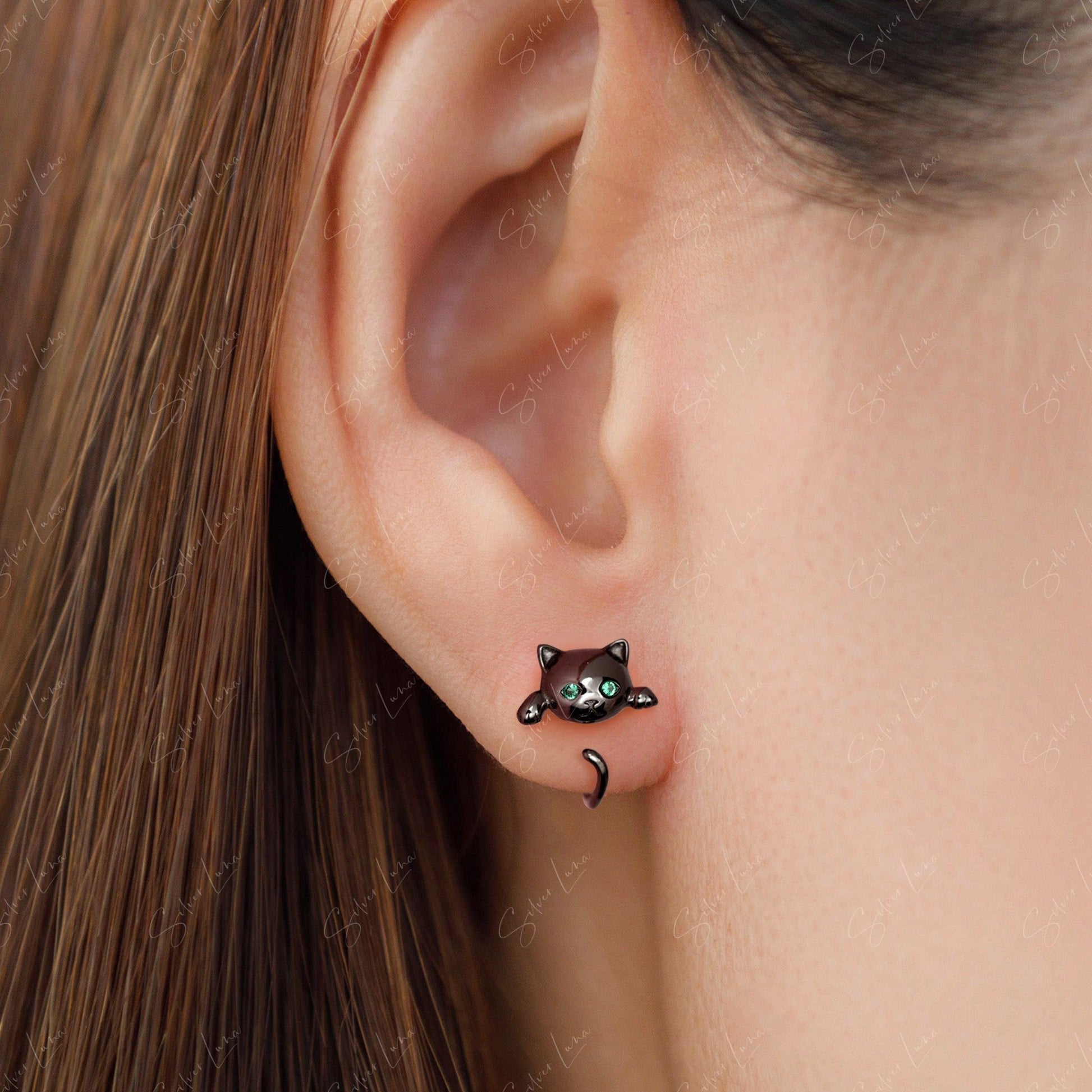 Funny Hanging Cat Stud Wrap Sterling Silver Earrings