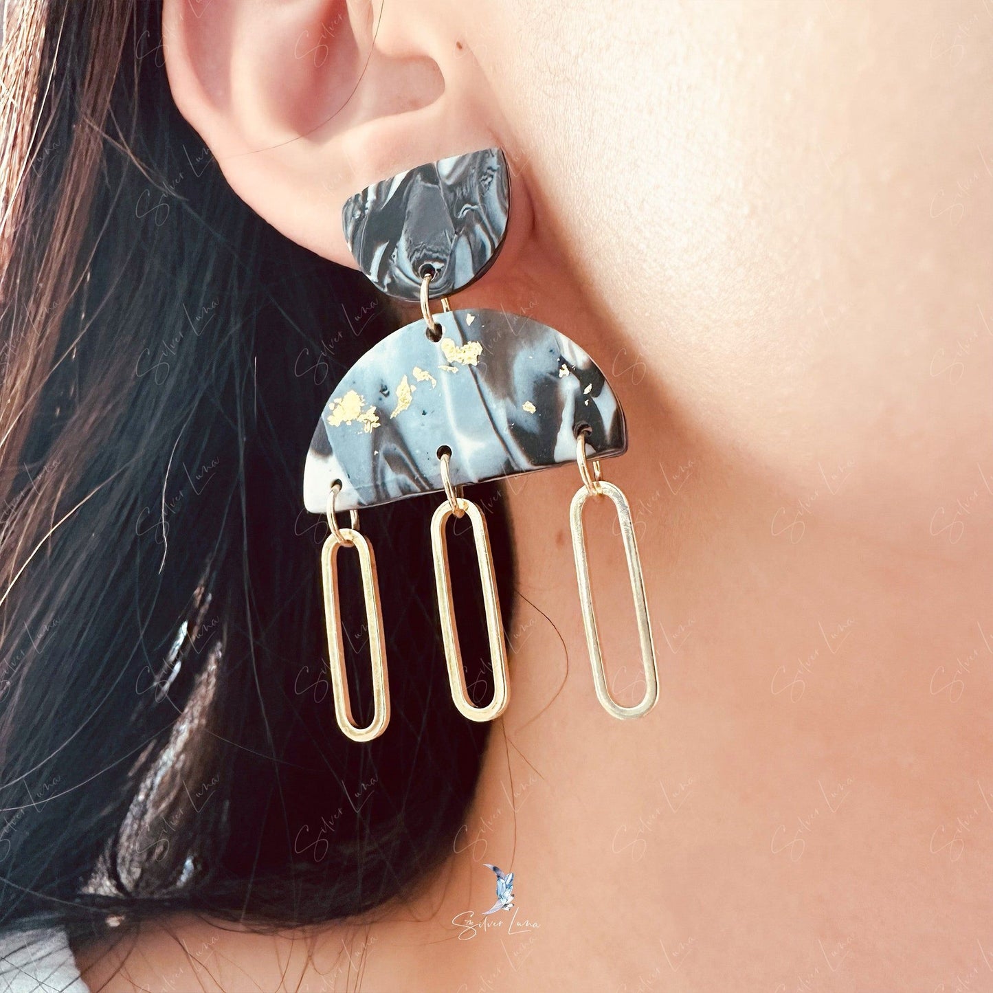 Black and white polymer clay geometric earrings