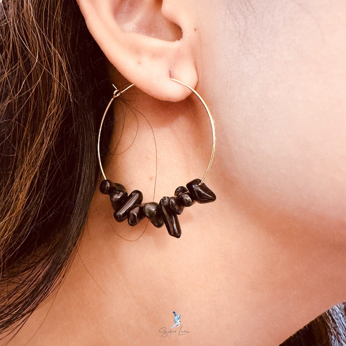 black Coral bead hoop earrings