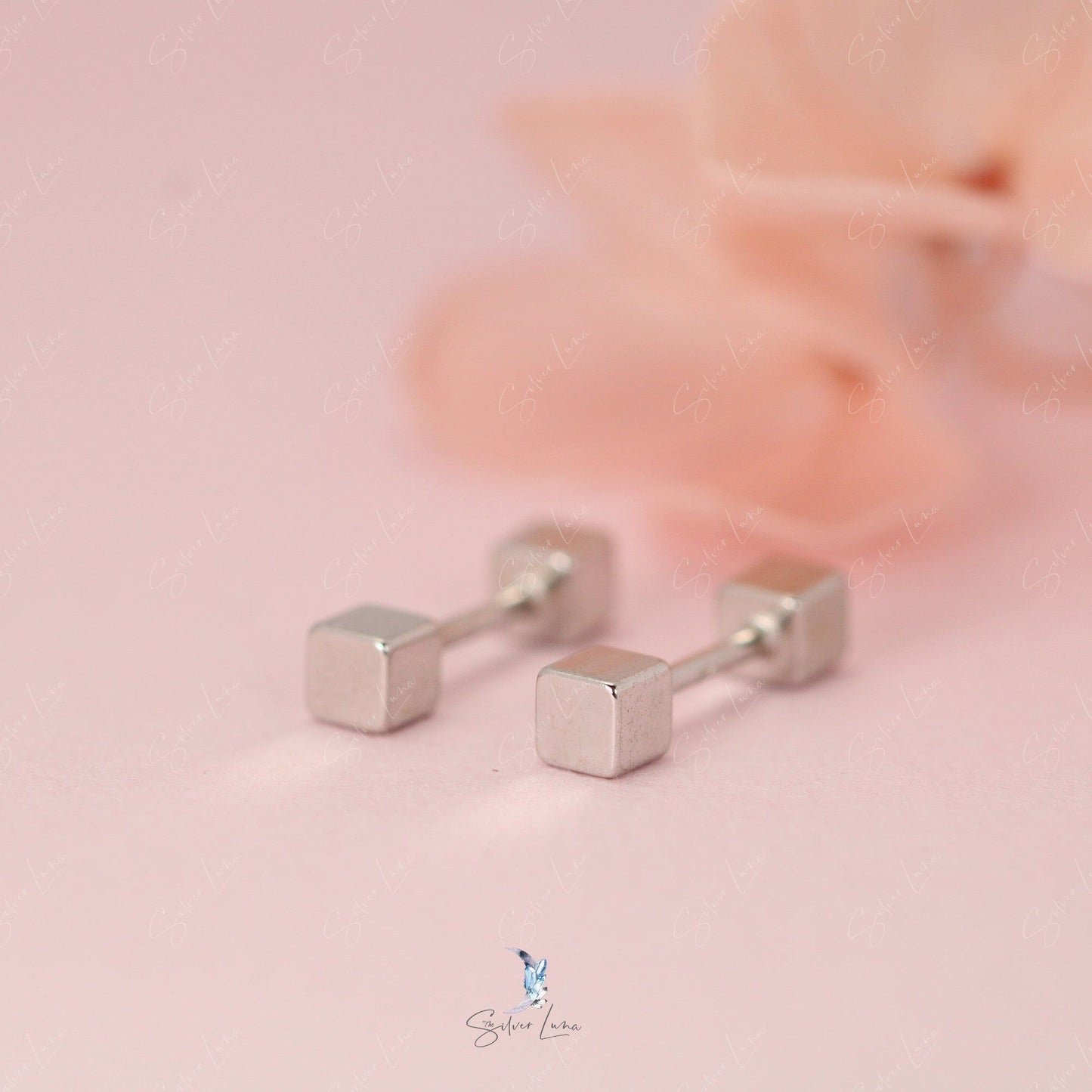 Square block sterling silver screw back earrings