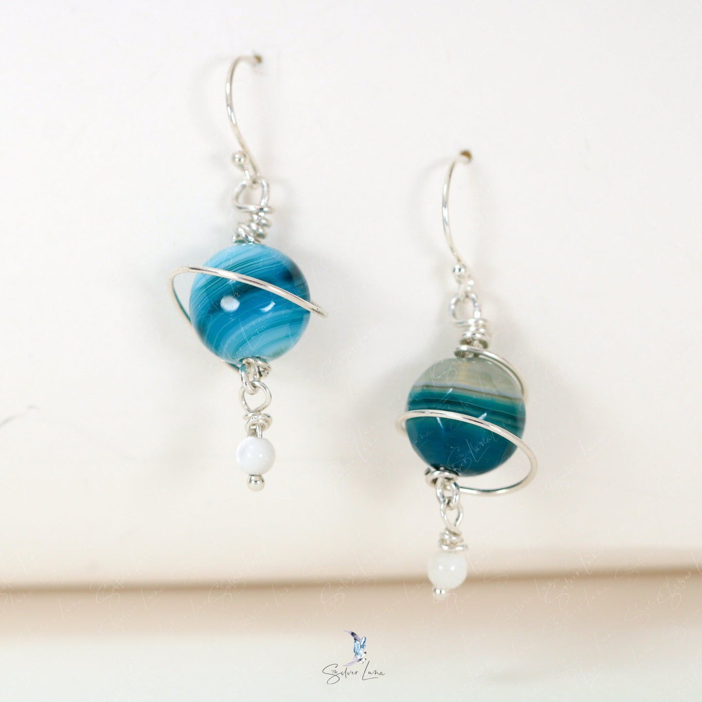 Blue agate planet sterling silver dangle drop earrings and pendant necklace