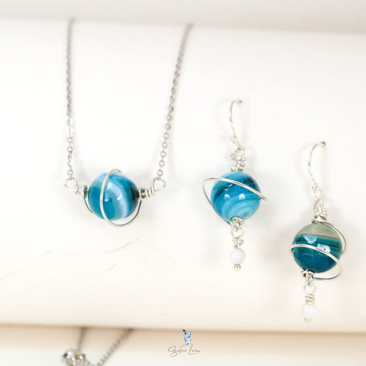 Blue agate planet sterling silver dangle drop earrings and pendant necklace