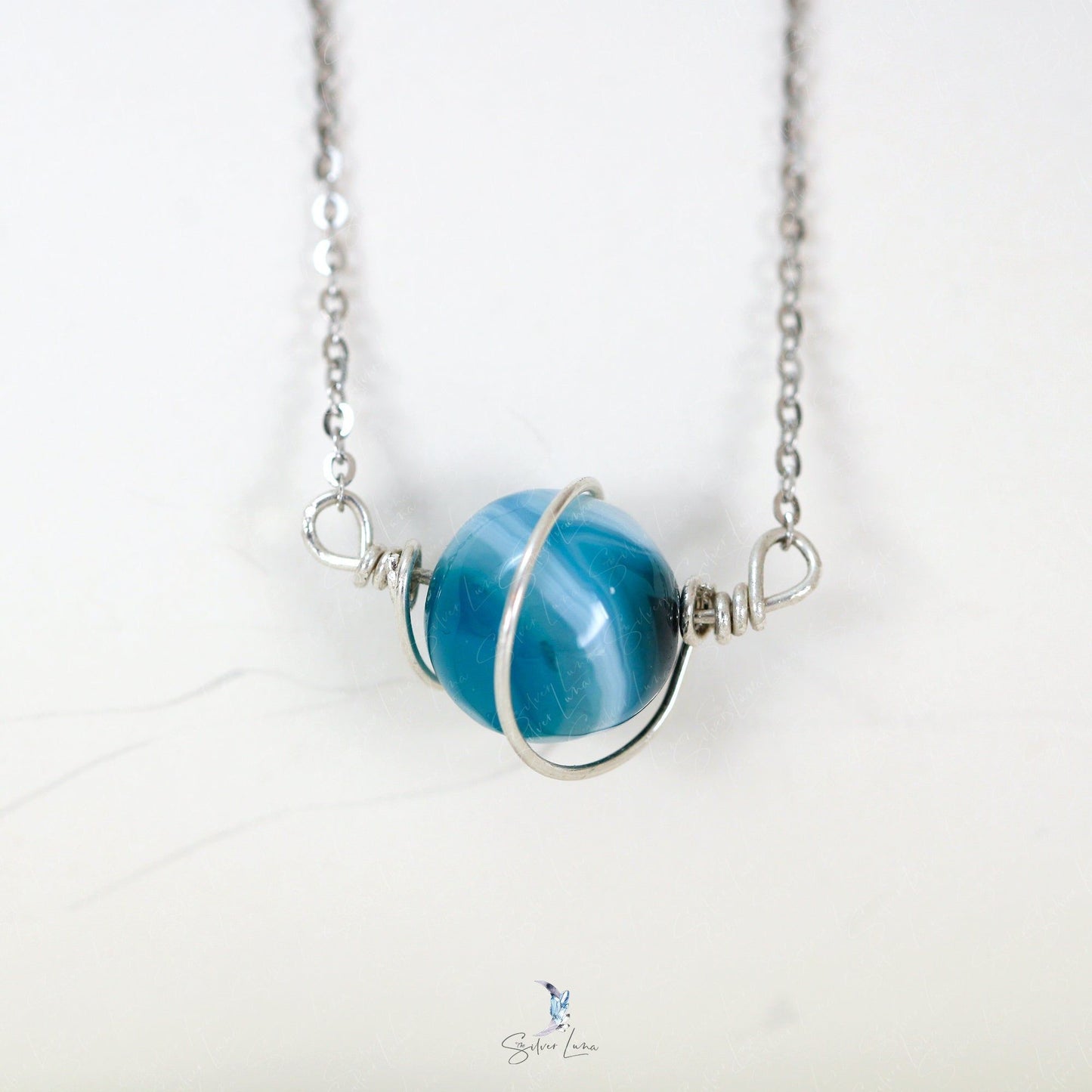 Blue agate planet sterling silver dangle drop earrings and pendant necklace