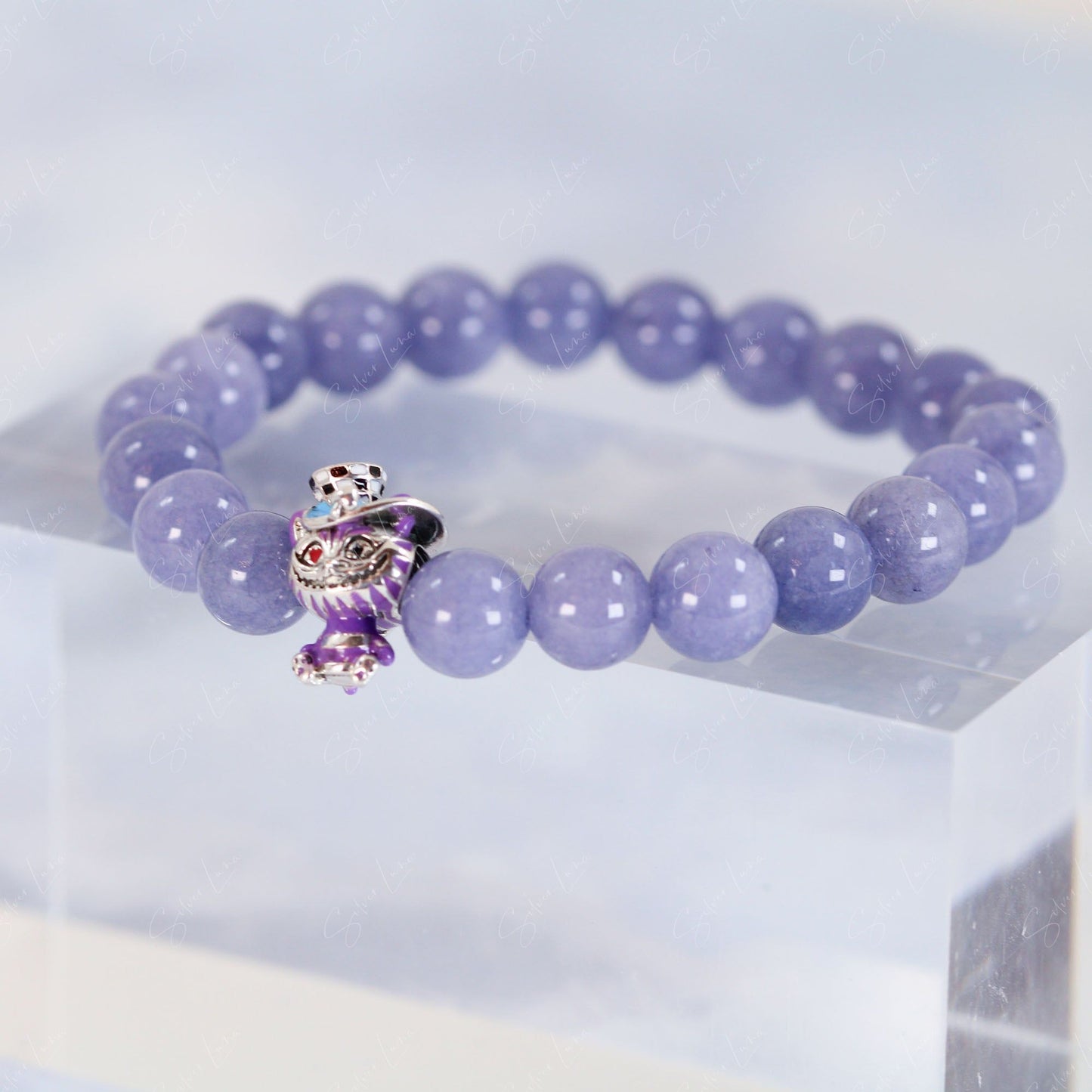 Blue Angelite beaded bracelet with Cherish cat bead charm