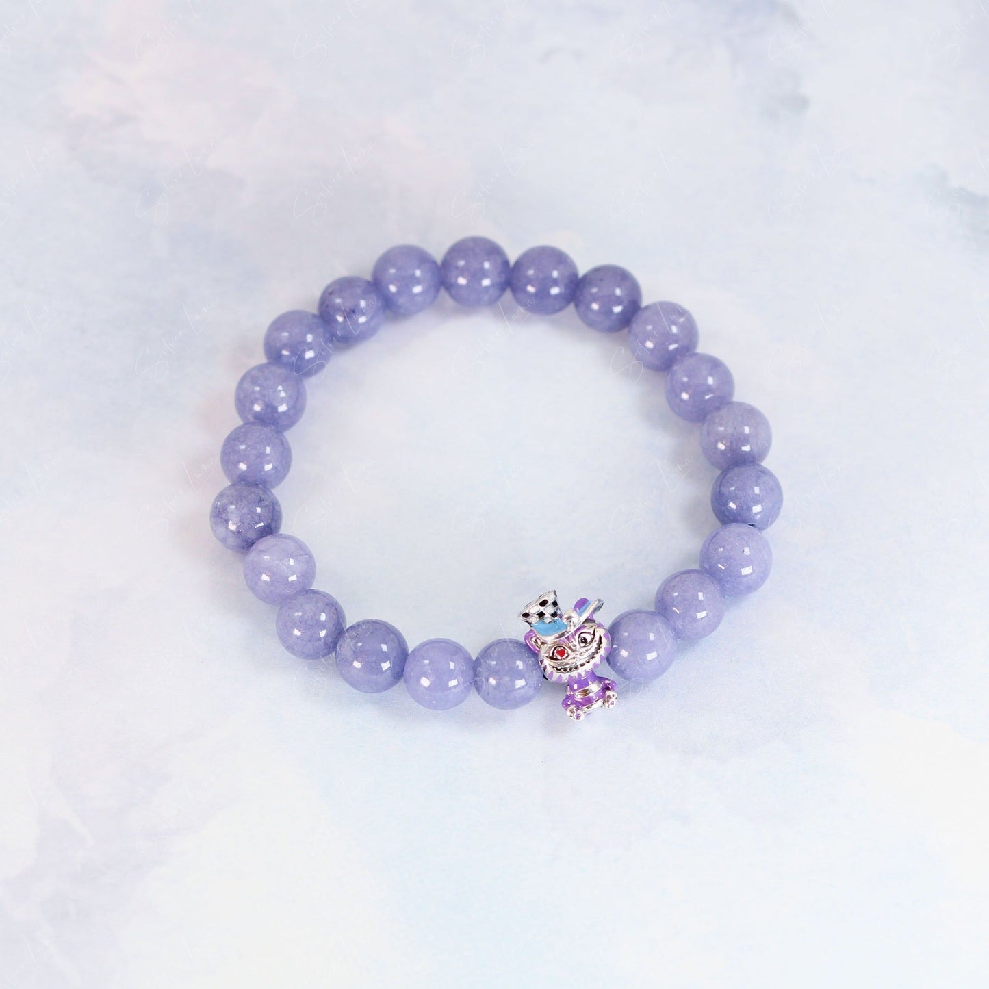 Blue Angelite beaded bracelet with Cherish cat bead charm