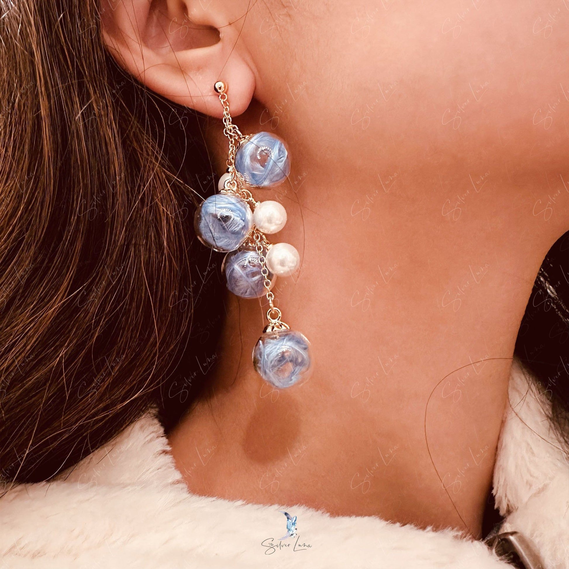 blue glass beads pearl drop earrings