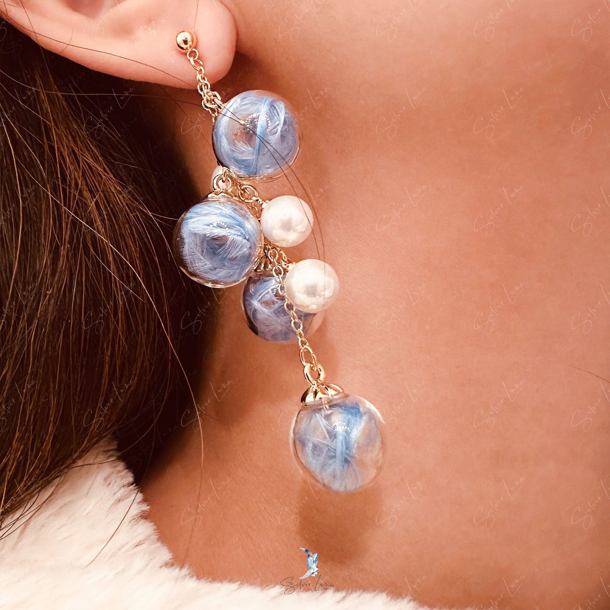 blue glass bead pearl drop earrings