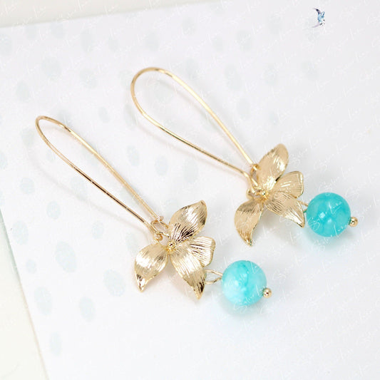 Orchid flower blue jade stone earrings