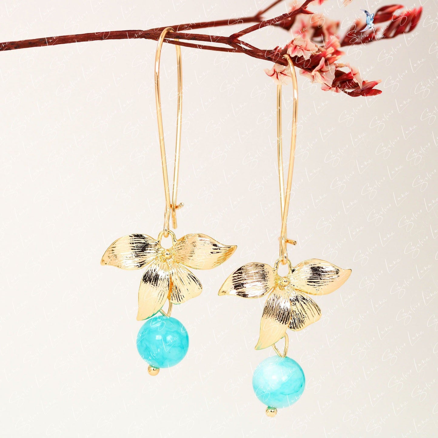 Orchid flower Amazonite drop earrings