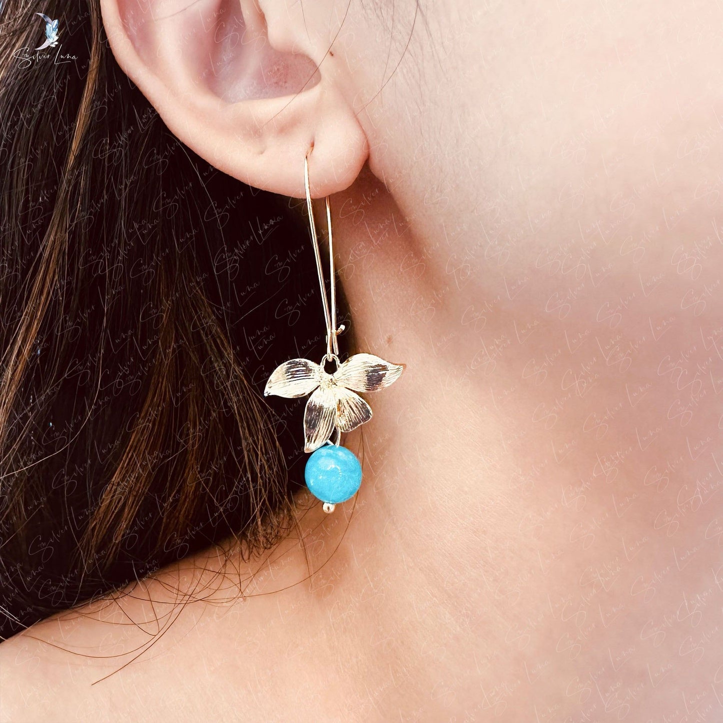 orchid flower blue jade stone earrings