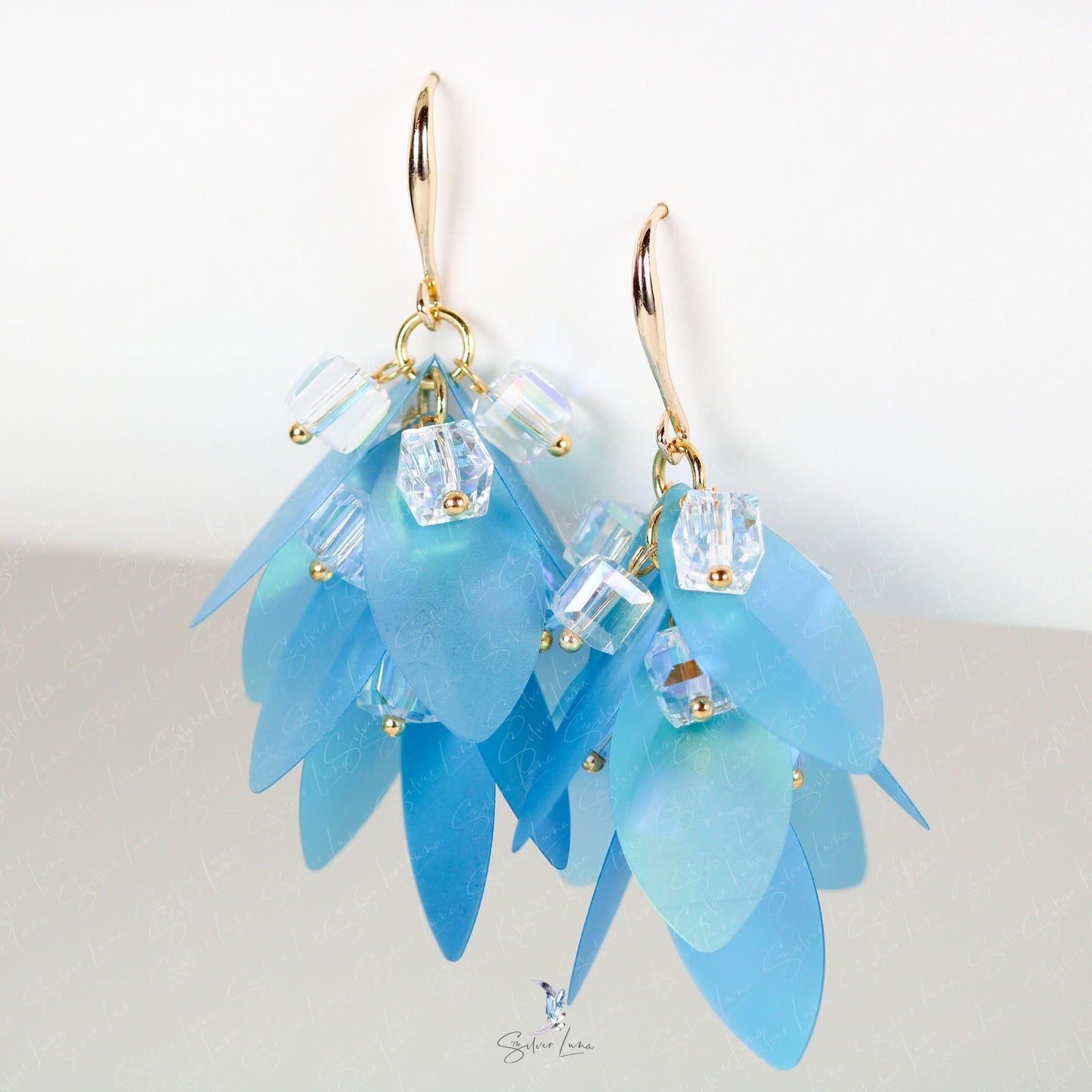 Translucent blue leaves crystal dangle drop earrings