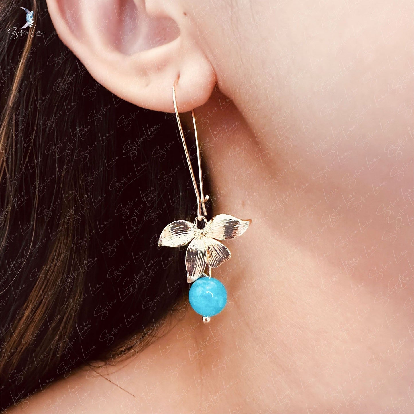 orchid flower and blue jade stone earrings