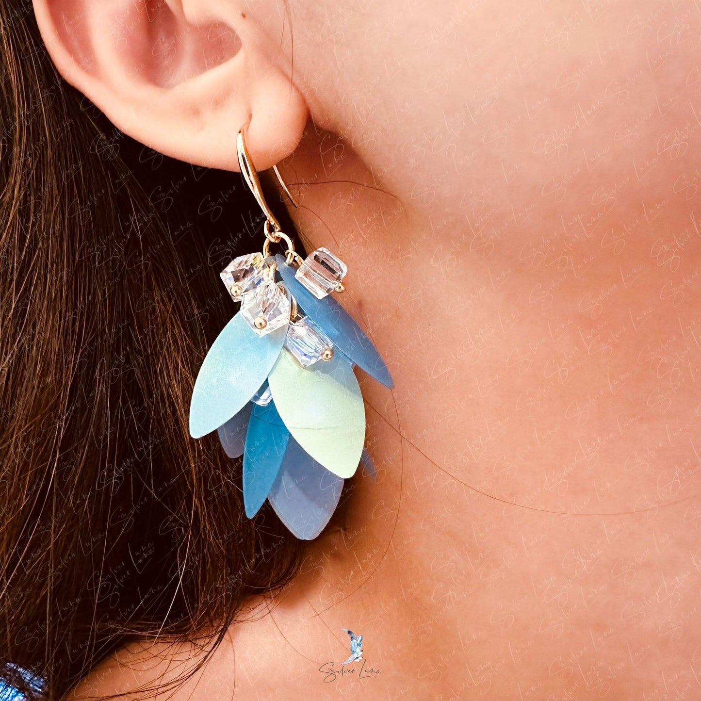 Translucent blue leaves crystal dangle drop earrings
