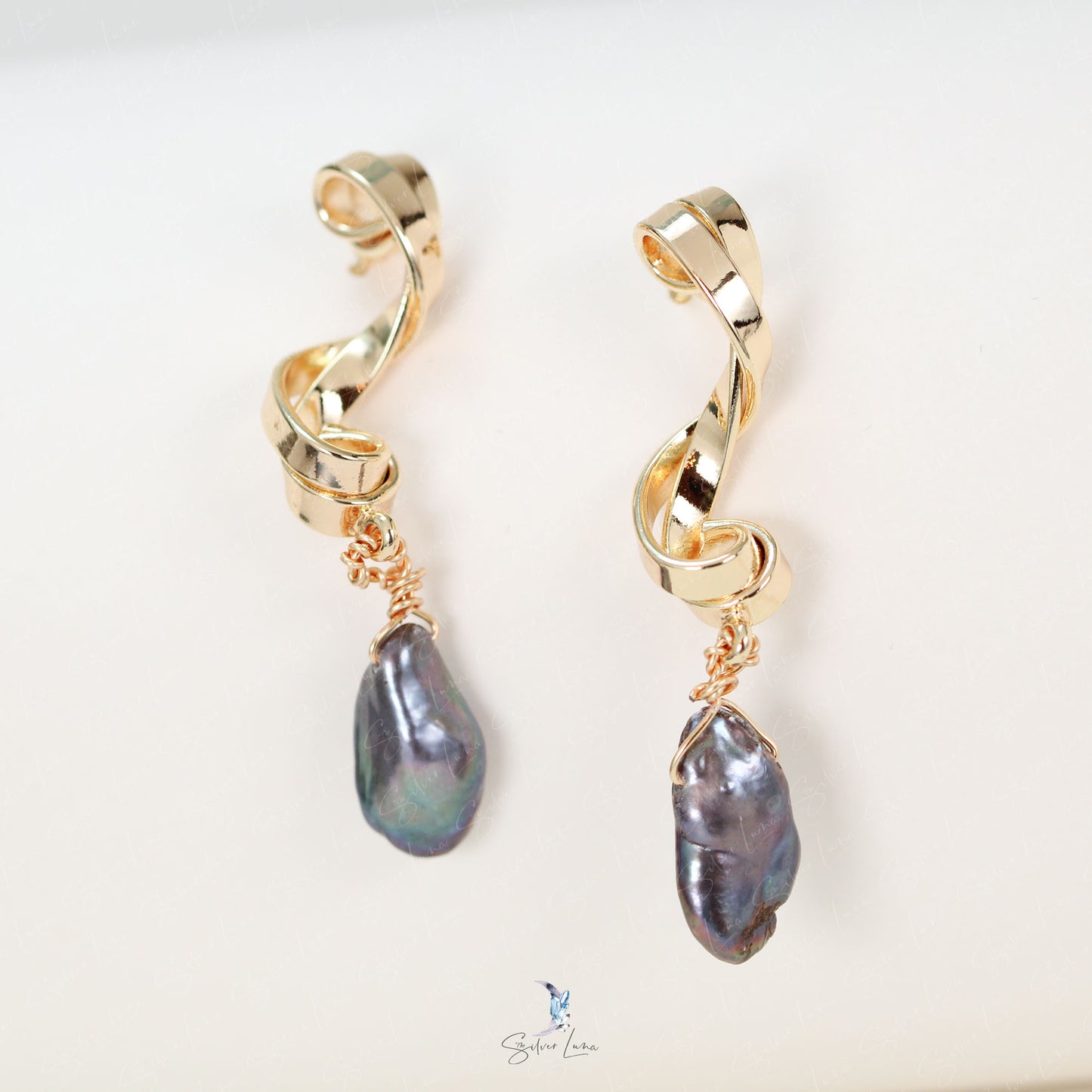 blue pearl gold plated brass earrings