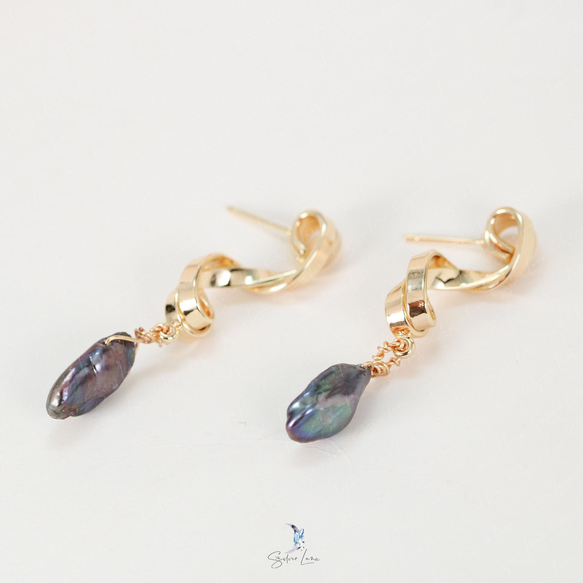 blue pearl gold plated brass earrings