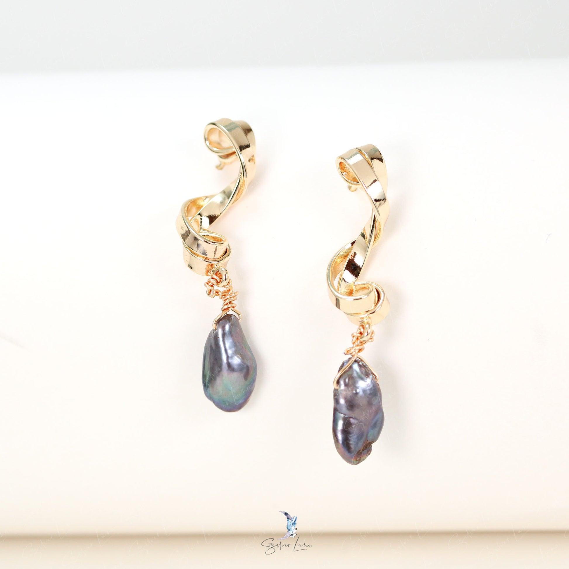 blue pearl gold plated brass earrings