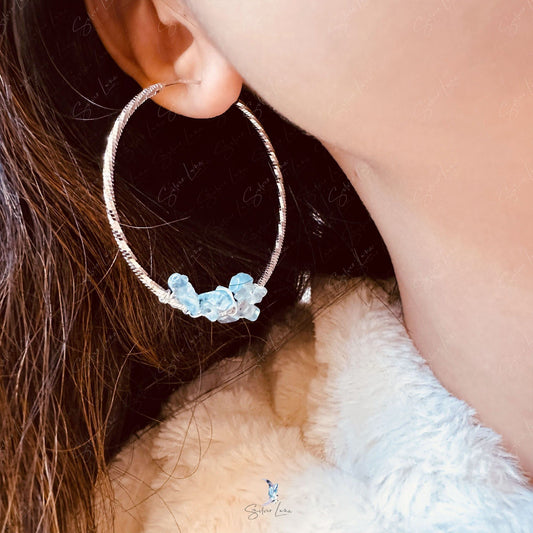 Aquamarine hoop sterling silver earrings
