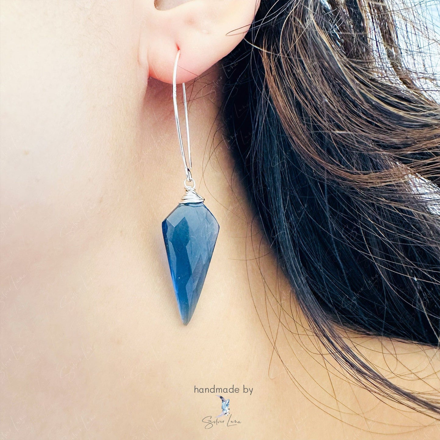 Diamond cut Kite blue quartz dangle drop earrings