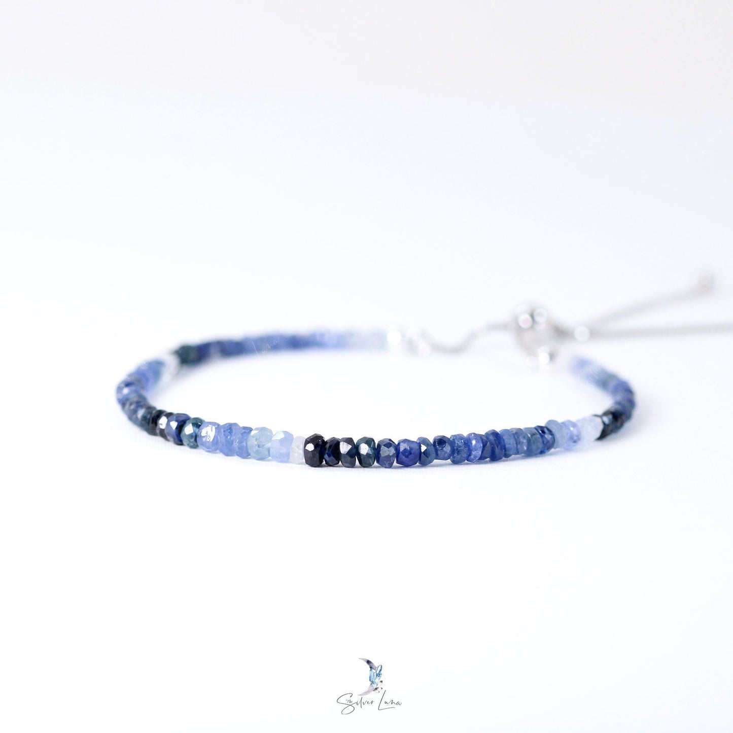 Gradient blue sapphire beaded bracelet sterling silver chain