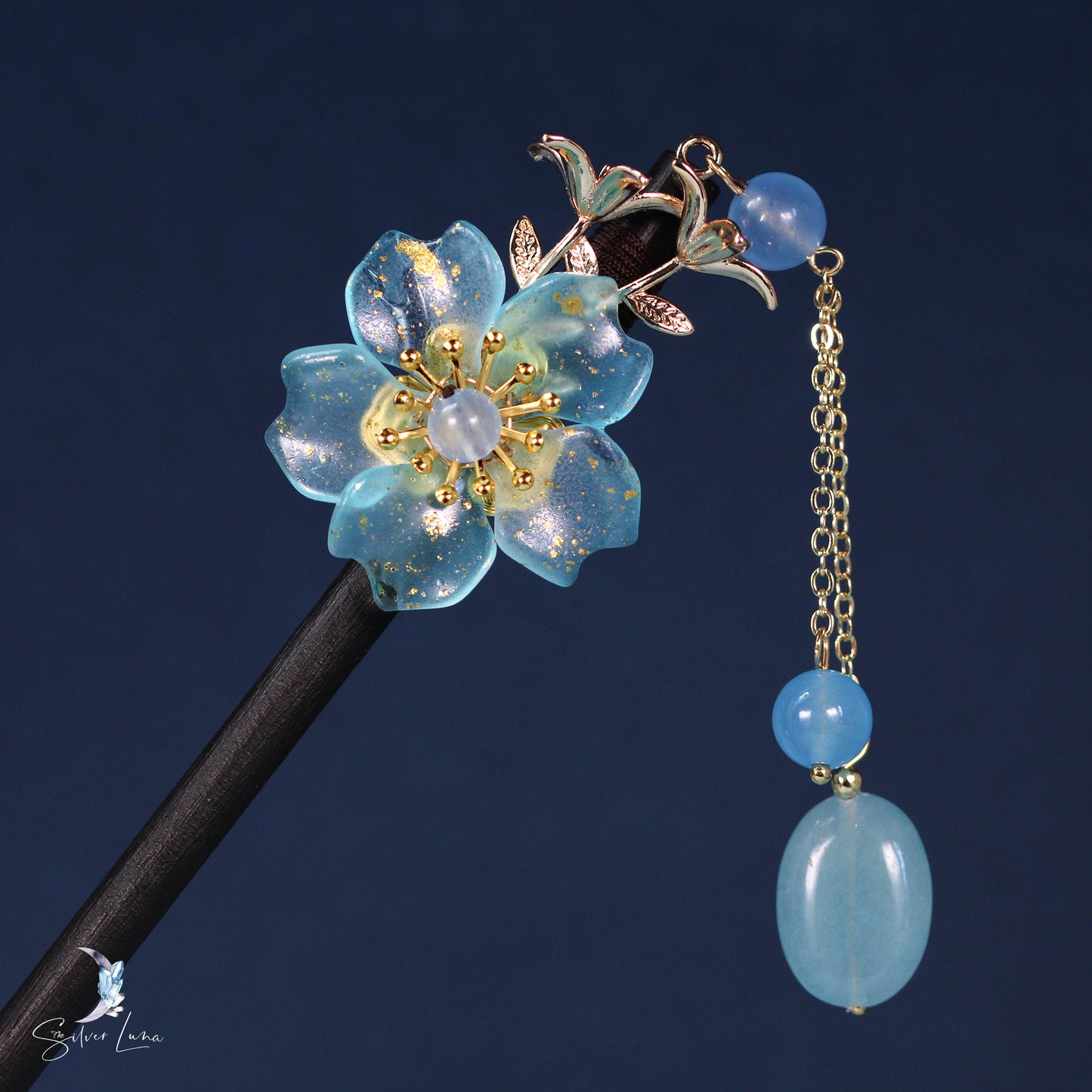 Blue flower wooden hair stick