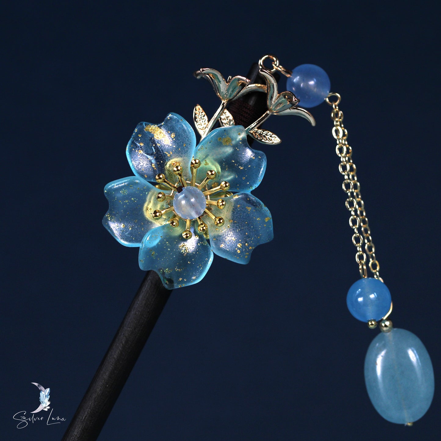 Blue flower wooden hair stick