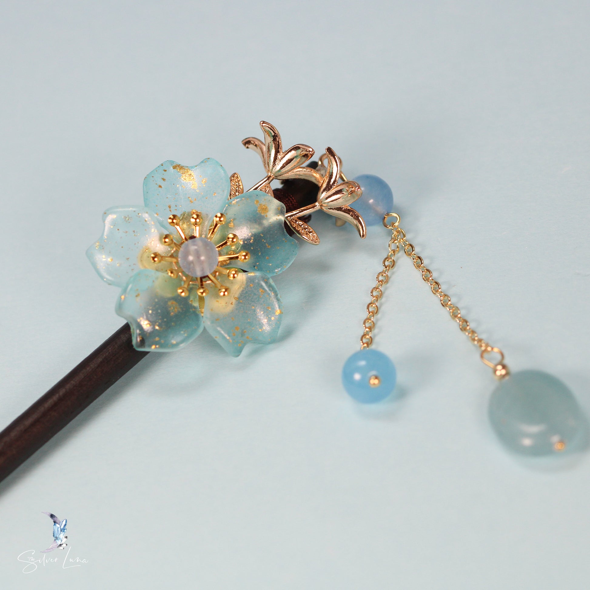 Blue flower wooden hair stick