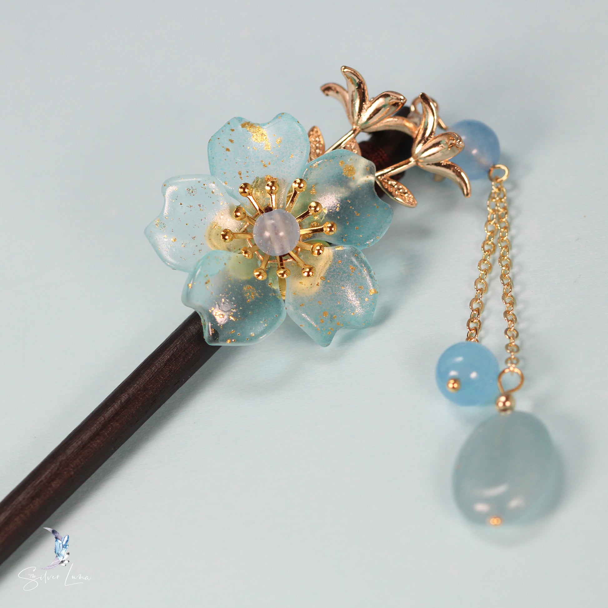 Blue flower wooden hair stick