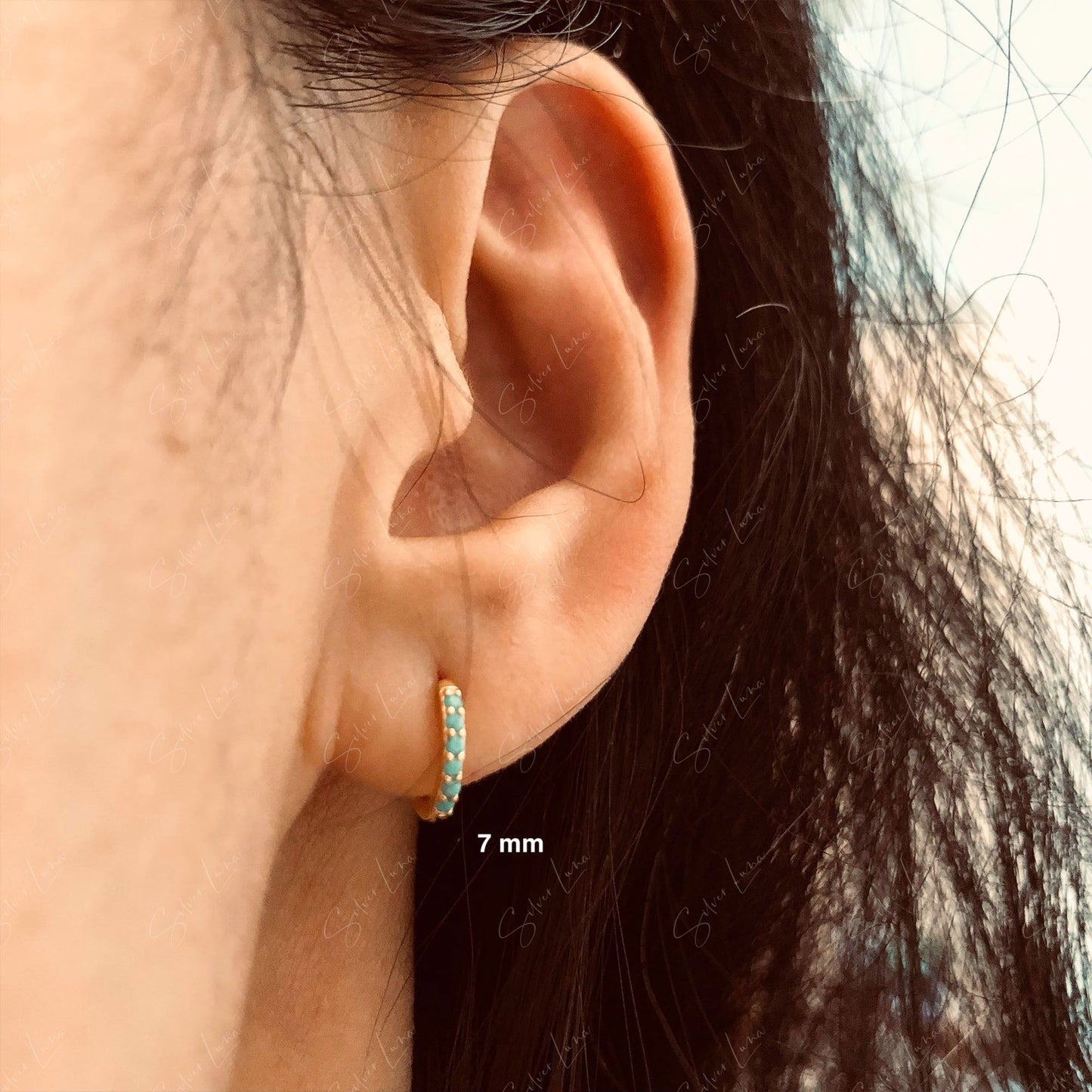 Blue stone hoop earrings in sterling silver