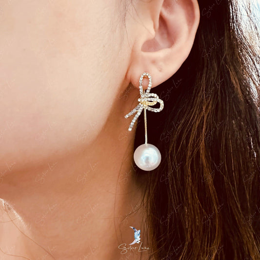 Rhinestones bowtie pearl dangle drop earrings