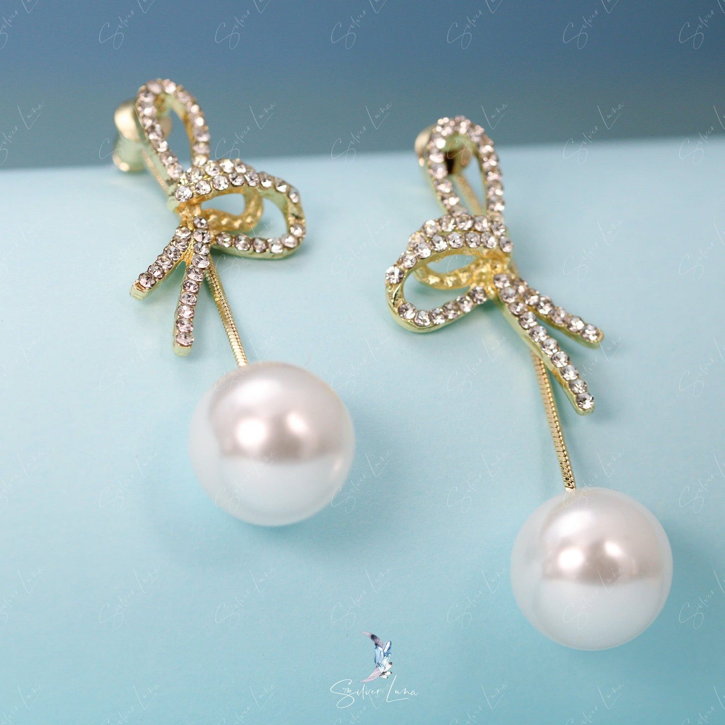 Rhinestones bowtie pearl dangle drop earrings