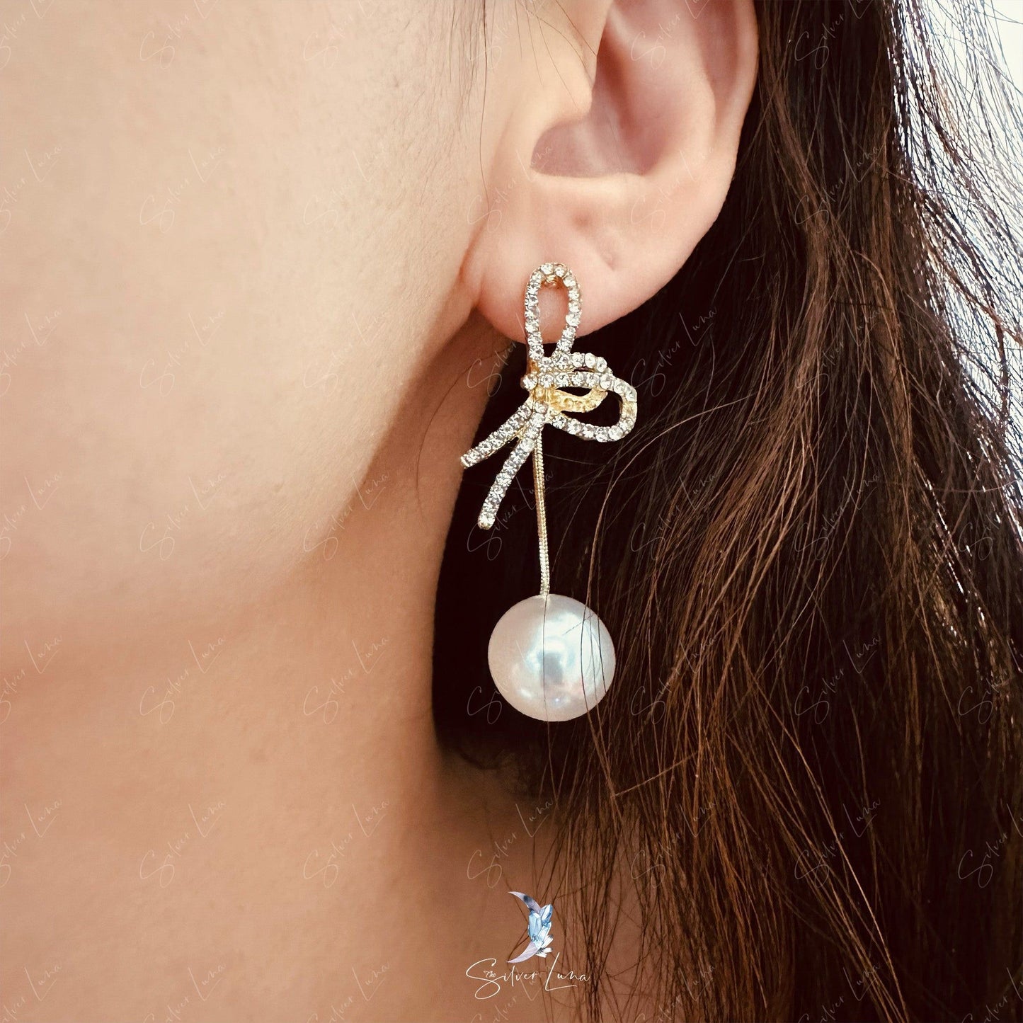 Rhinestones bowtie pearl dangle drop earrings