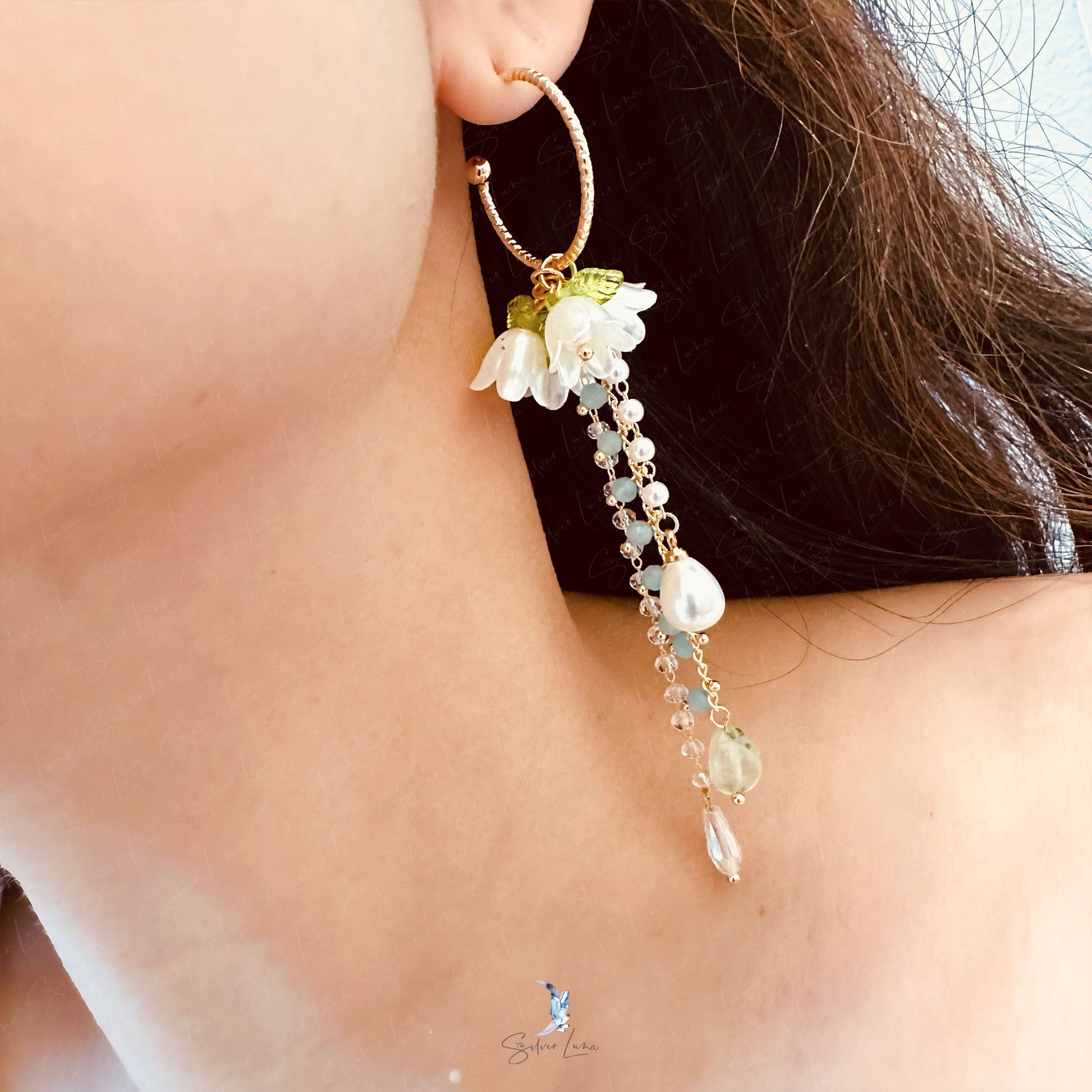 flower dangle long drop earrings