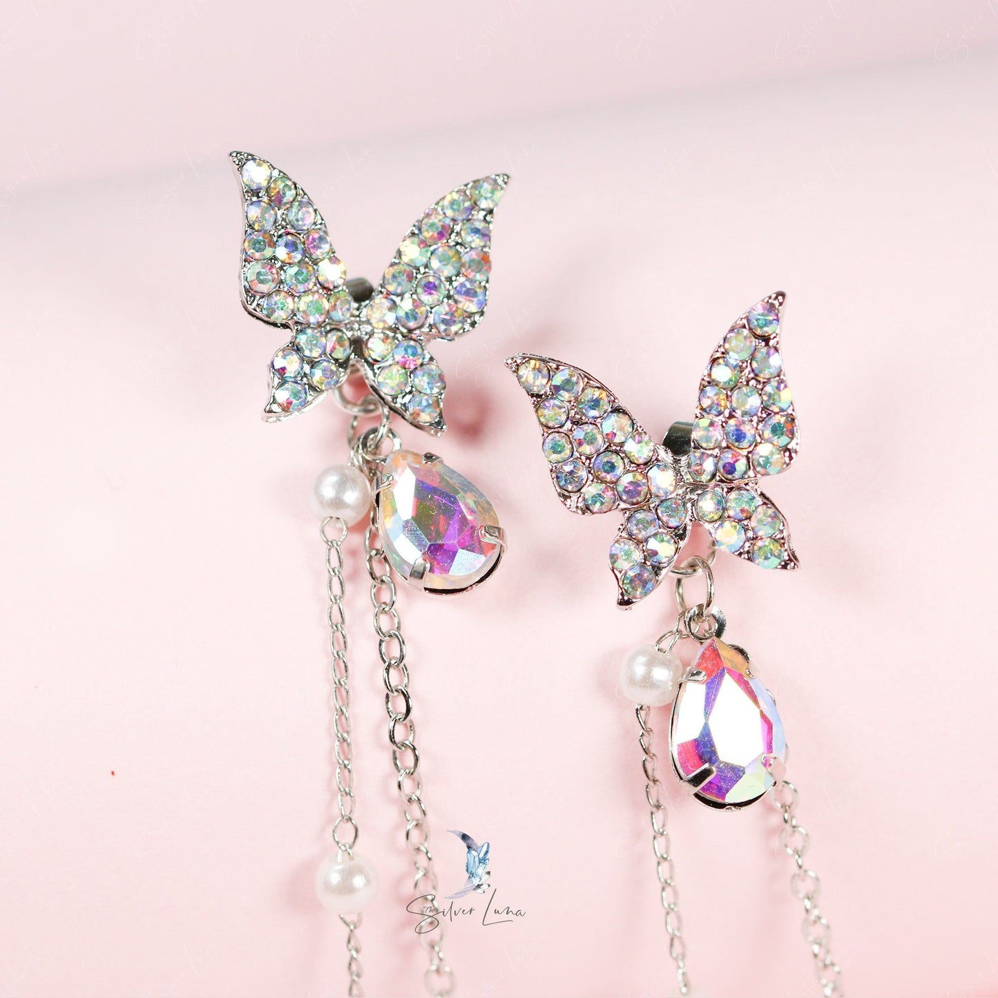 Crystal rhinestone butterfly dangle drop earrings