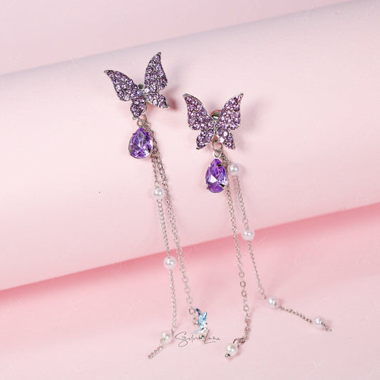 Crystal rhinestone butterfly dangle drop earrings