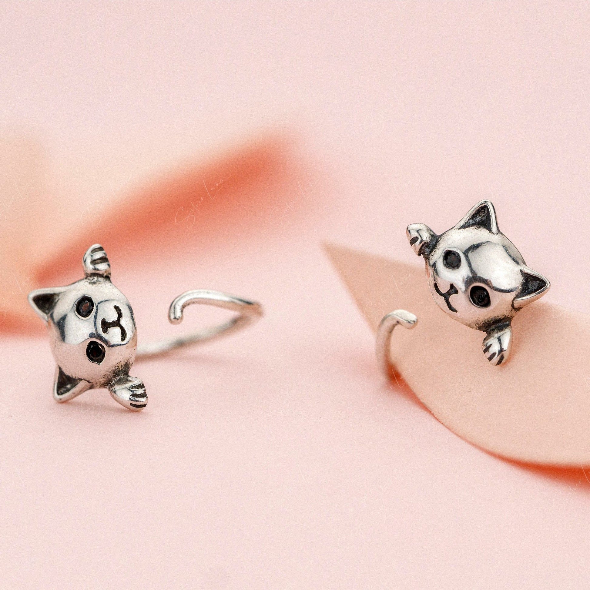 Funny Hanging Cat Stud Wrap Sterling Silver Earrings Silver